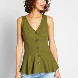 ModCloth Olive Green Sleeveless Button-Down Peplum Top